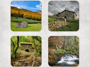 Posavasos con imágenes de cabañas en Asturias